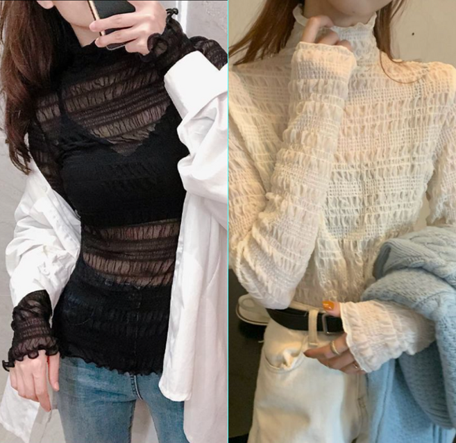 자칠 미들터틀넥 레이스 이너티 여성 슬림핏 긴팔 2P