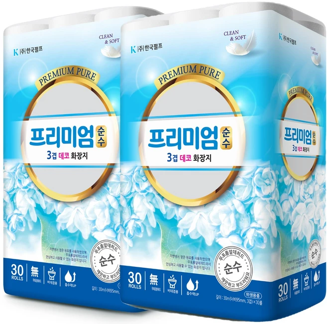 프리미엄순수(3겹데코화장지)30M*30롤 2팩, 30m, 30개입, 2개 - 쿠팡