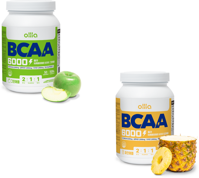 [1+1] 올라 BCAA 6000 맛있는 아미노산 보충제, 그린애플파인애플, 2개, 500g