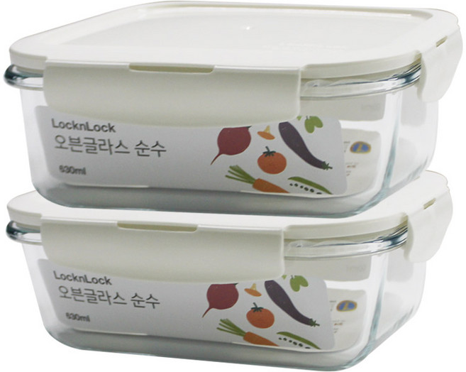 락앤락 유리밀폐용기 순수 오븐글라스 1+1 세트 글라스 내열유리 반찬통 전자레인지용기, 1세트, 오븐글라스 직사각 630ml 1+1