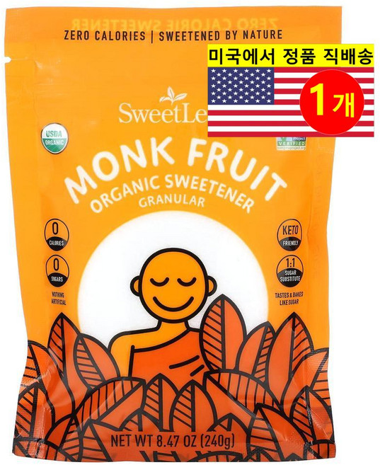 SweetLeaf Stevia 혈당 칼로리 제로 설탕 대용 건강 감미료 오가닉 과립형 몽크프루트 나한과 240g 1개