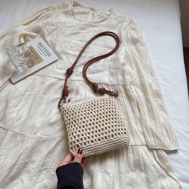 手工編織包包 女 夏 森系 時尚 單肩包 斜挎 沙灘包, 1個, 米白色不帶掛件