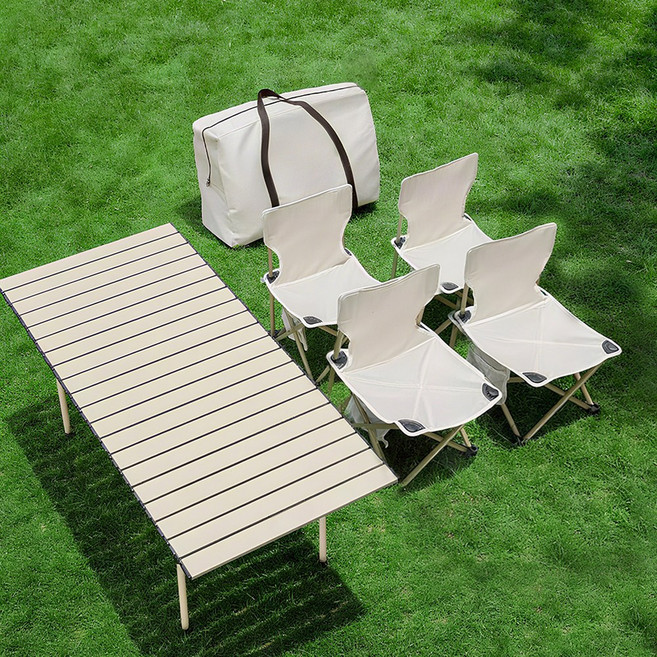 초경량 접이식 알루미늄 캠핑 테이블 의자 5종 세트 야외용 피크닉 캠핑 낚시 바베큐 간편 조립 수납가방 포함, 화이트