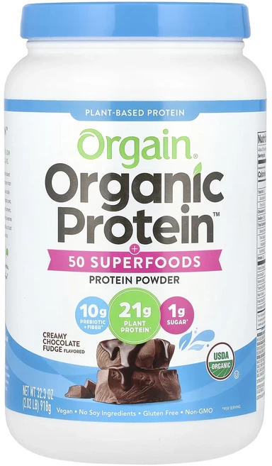 몸관리하세요 겨울입니다 Orgain 유기농 단백질 & 50가지 슈퍼 푸드 크리미 초콜릿 퍼지 918g(2.02lbs) 특별관리진행, 1개 - 쿠팡