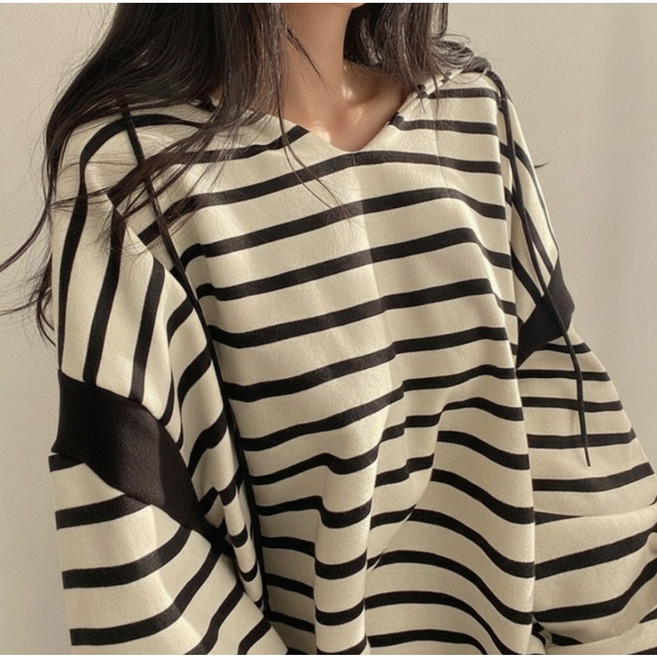 여성 루즈핏 빅사이즈 러블리 스트라이프 맨투맨 후드티