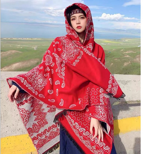 不規則圖騰花紋連帽披肩斗篷，冬季保暖，時尚多色圍巾