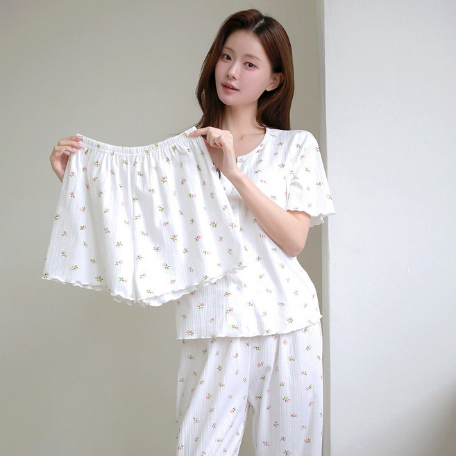 디디오 캡내장 러블리 쓰리피스 파자마 세트 (반팔가디건 + 반바지 + 긴바지 3종 홈웨어)