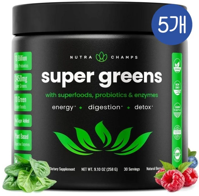 뉴트라챔스 슈퍼 그린스 파우더 프로바이오틱 엔자임 NutraChamps Super Greens Powder, 5개, 258g - 쿠팡