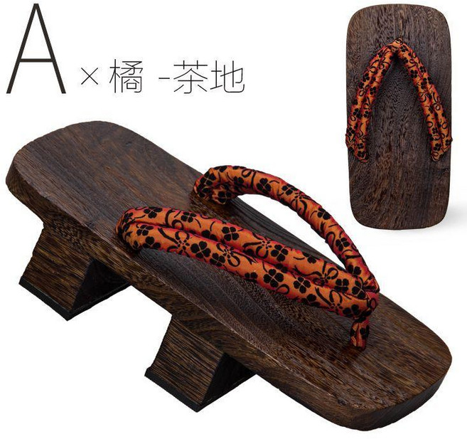 中式實木桐木拖鞋 防滑二齒木屐 古風外穿休閒個性人字拖, A-橘-茶地,27CM（43-44碼）