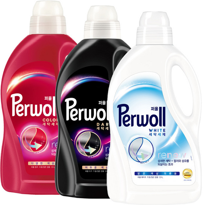 퍼울 세탁세제 다크+화이트+컬러 / 어두운 의류용 컬러세탁 섬유 회복세제 -T.C, 3개, 1.9L
