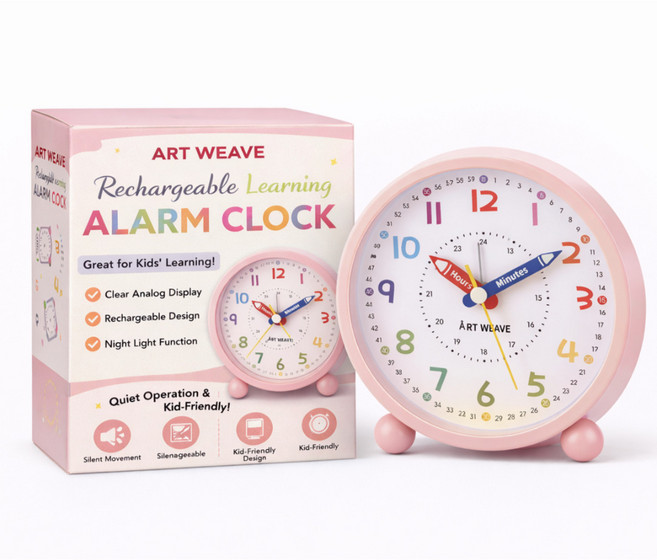 아트위브 시계공부 학습겸용 컬러풀 알람 탁상시계, 라운드 핑크
