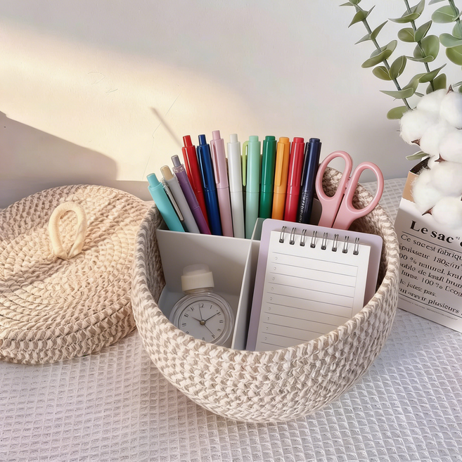 수제 뚜껑 달린 패브릭 문구/과자/장난감 수납바구니, 1박스, 화이트