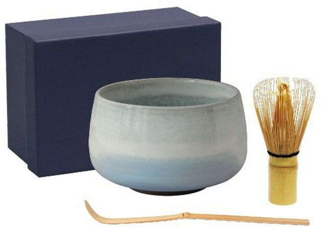Aika 藍花 哈薩米 抹茶陶瓷碗 13.5x20x8.5cm + 茶筅 + 茶杓 3件組, 1個, 白銀