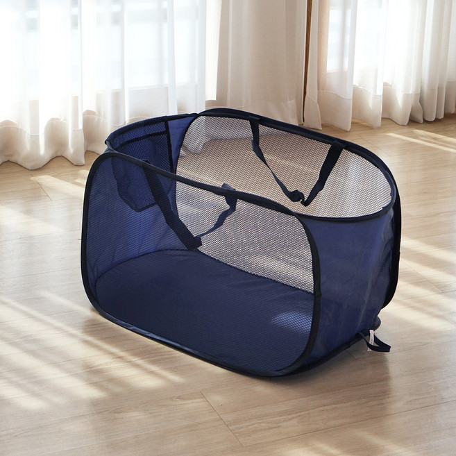 이지유 접이식 메쉬 빨래 바구니 원터치 세탁 보관 햄퍼, 네이비