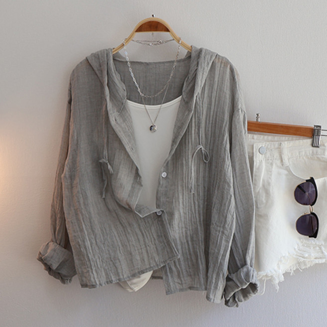 스카이코코 여성 긴팔 여름 남방 호미 거즈 린넨 후드 셔츠