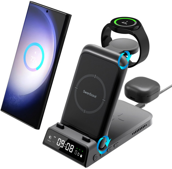 SwanScout 703S 충전 스테이션 S25 S24 S23 Z Flip 6 Galaxy Watch 용 무선 충전기 7 5 4 Buds 2 pro, Black, 1개