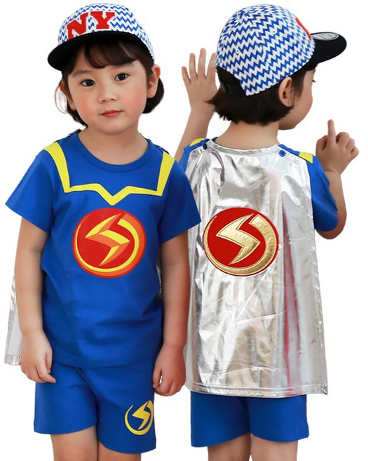 (당일출고) 반팔 EBS정품 번개맨옷 간편 상하세트 티셔츠 바지 망토 구성