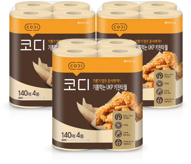 코디 아름드리 기름먹는 천연펄프 키친타올 140매, 4롤, 12개