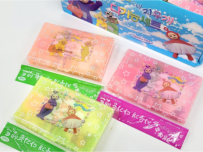 [고전문구] 99년 텔레토비 스티커 도장 지우개 메모지 세트 고전, 오렌지