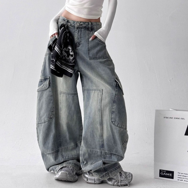 쁘띠꼬모 여성 스트릿 힙합 와이드 카고 청바지 루즈핏 밴딩 포켓 팬츠 WTT121818