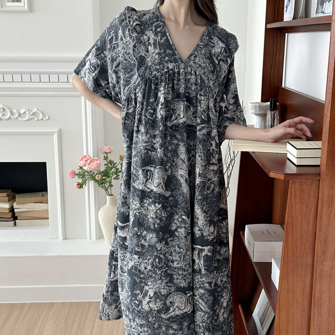 55-88까지~!! 사이즈굿 나염 반팔 잠옷 원피스 파자마 빅사이즈