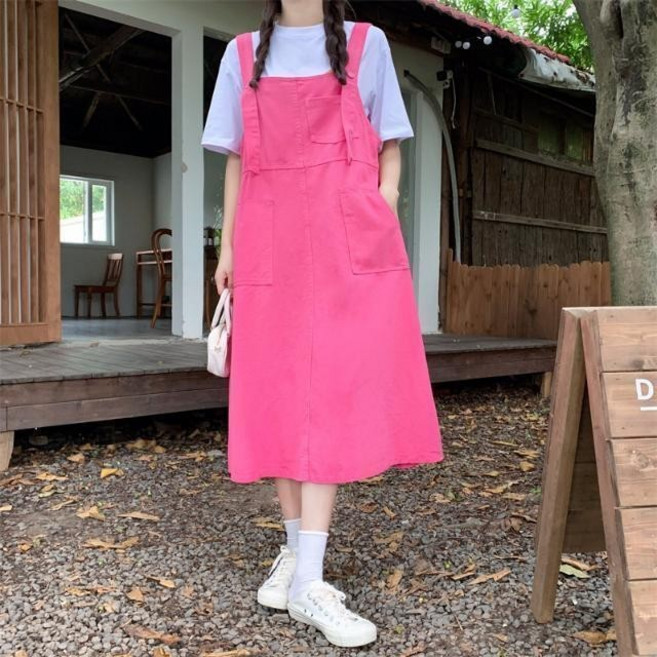 夏季寬鬆牛仔背帶連衣裙 甜美設計感粉色長裙, N/A