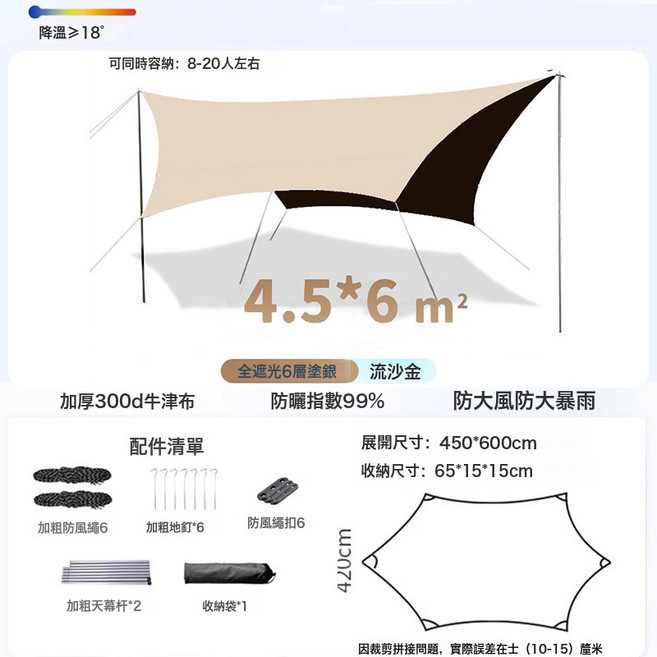 戶外加厚300D牛津布全遮光黑膠天幕 防曬99% 防風雨, 卡其色 黑膠款天幕, 六角蝶形 約27平米 4.5x6 可容16人