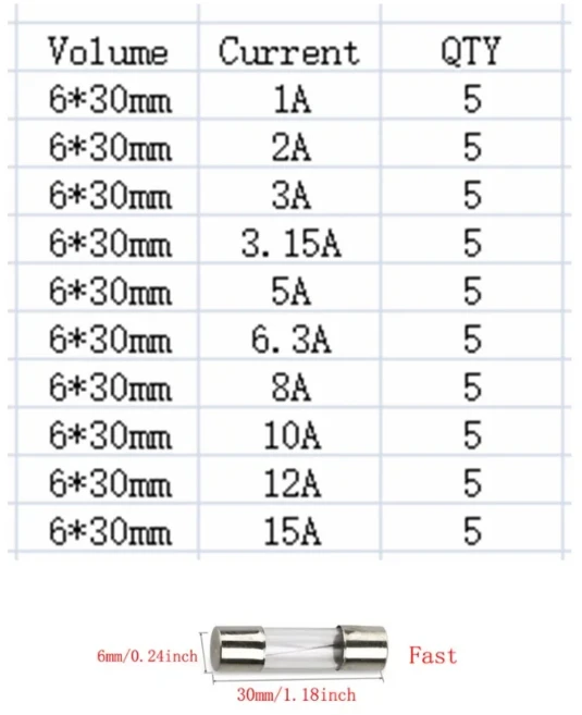 유리관휴즈 자동차 퓨즈 세트 12V-250V 납선 믹스 키트 느린 고속 유리 0.1A 0.25A 0.5A 1A 2A 2.5A 3A 3.15A 4A 5A 6A 6.3A 8A 10A, [01] 6x30mm 1A-15A