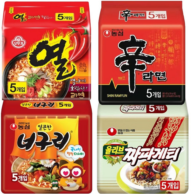 [천지라면] 짜구리 세트 라면종합세트 인기봉지라면 4종 20개입 (짜파게티5 열라면5 신라면5 너구리5)