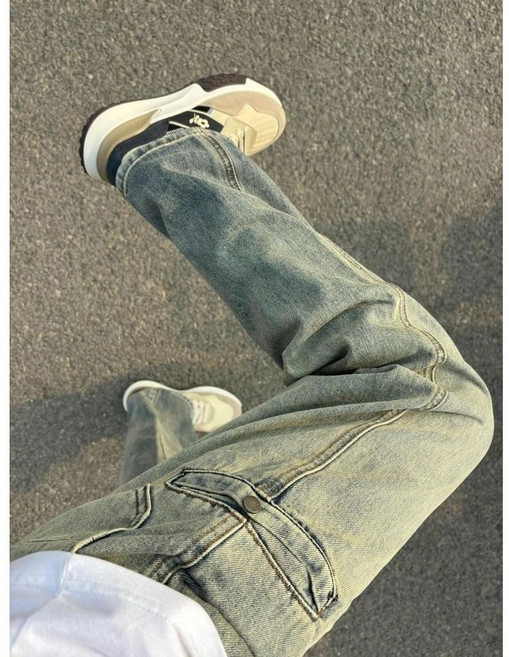 黃泥色牛仔褲男款 美式高街Vibe 夏季薄款復古微喇修身直筒工裝褲