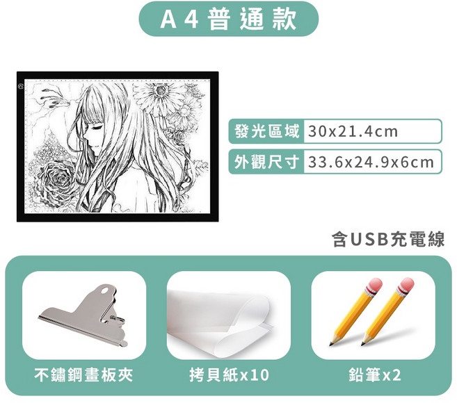 A4 拷貝手繪板 發光板 繪圖板 臨摹板 描圖板 USB充電, 1個, A4普通款