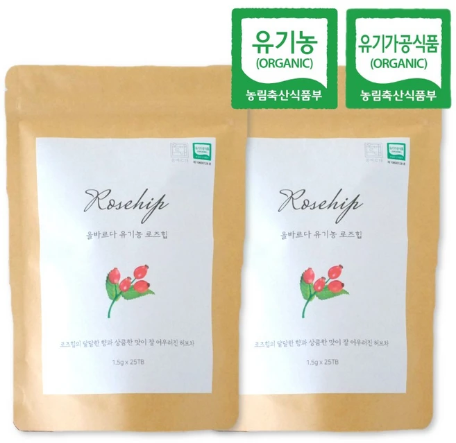 올바르다 유기농 로즈힙 차 티 티백, 2봉, 25개입, 1g - 쿠팡