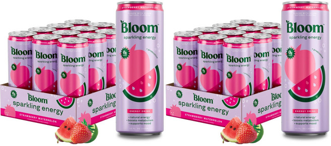 Bloom Nutrition Sparkling Energy Drink Zero Sugar 180mg Caffeine | Strawberry Watermelon | 12oz |, 1개