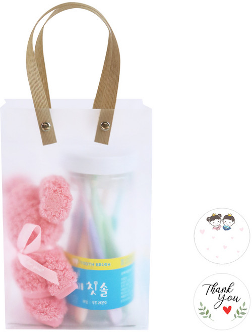 니즈엘 네임택 고리 수건 30X30 곰모양 타월 어린이집 생일 입학 졸업 수료 선물 유치원 구디백 키즈 칫솔 준비물, 1개, 곰수건(소)(핑크)+파스텔칫솔(8개입)+스티커2장