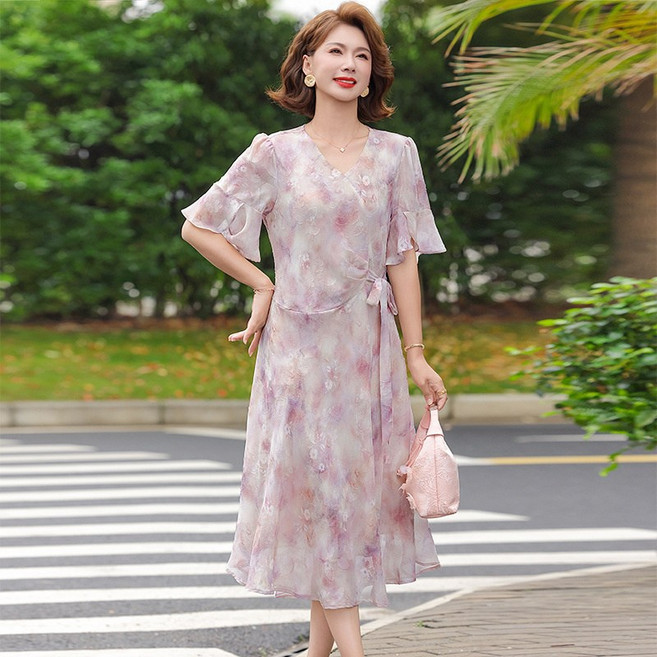 DIU 收腰款女裝大碼休閒中老年短袖雪紡長裙子40-60歲媽媽花裙, L(建議95-110斤)