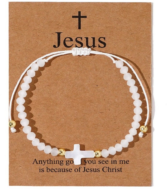 프레이하우스 기독교 천주교 십자가 핸드메이드 묵주 팔찌, 화이트, 1개