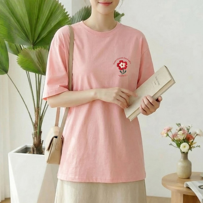 스타일아유 여성 플라워 프린팅 루즈핏 반팔티 고중량 240g 컴팩트 면100% 레터링 라운드 티셔츠 면티 롱티셔츠 2026 여름신상 TS3955