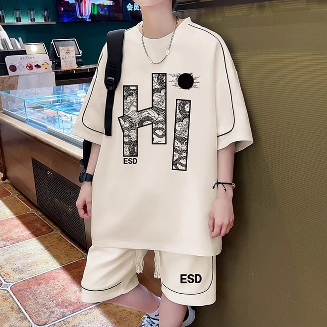 M-8XL 남성 빅사이즈 트레이닝복 세트 투피스 세트 오버핏 반팔티