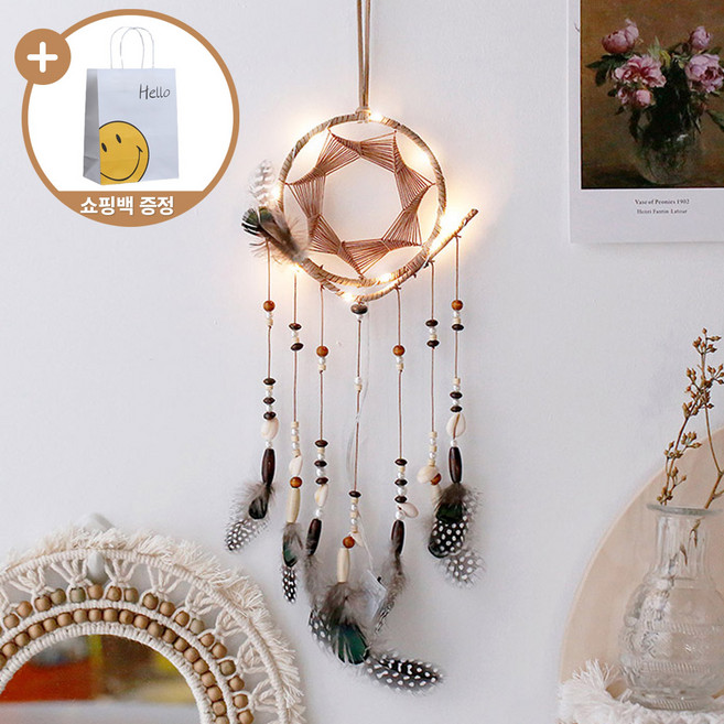 좋은꿈 행운의 드림캐쳐 LED조명 드림캐처 꿀잠템 쇼핑백증정, 샌드베이지