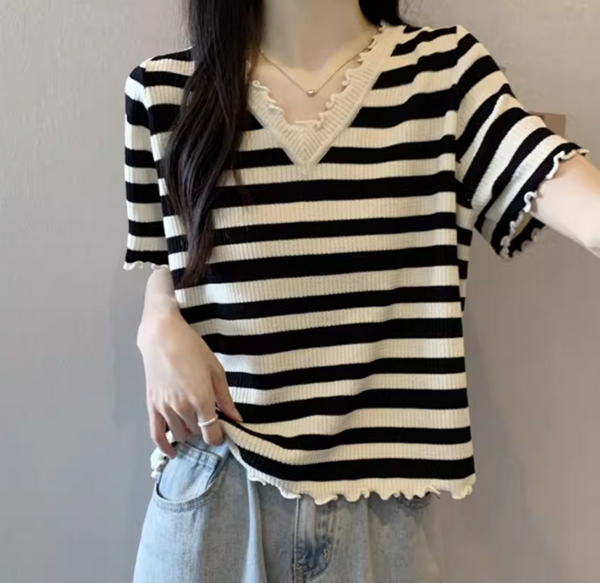 COSYEVNO 여성 여름 물결넥 스트라이프 반팔 티셔츠 캐주얼 Tzkmmdx-3