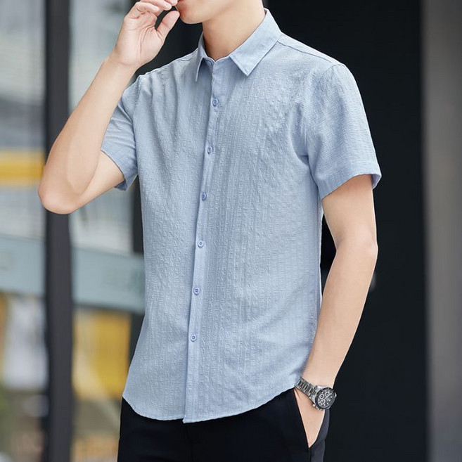 川月商行 男士短袖襯衫 條紋潮流休閒襯衣 M-4XL