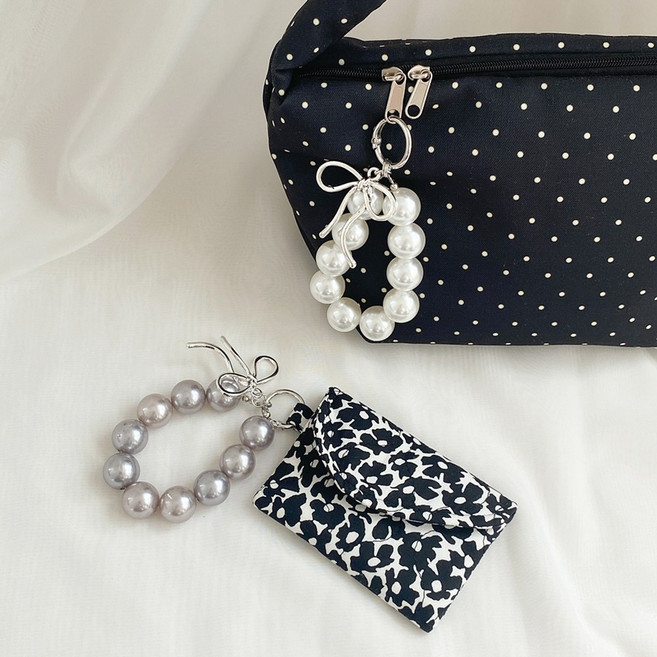 에브리테일 진주 비즈 리본 키링 가방 장식 키홀더, 1세트, 아이보리1p+그레이1p