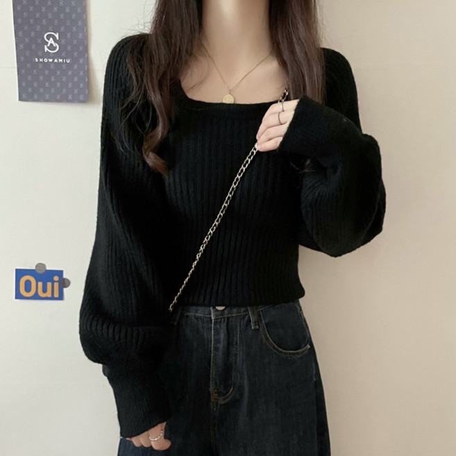 HAAN2026 스퀘어넥 퍼프소매 니트 티셔츠 슬림핏 페미닌 룩 데일리 살구색 상의 봄 가을