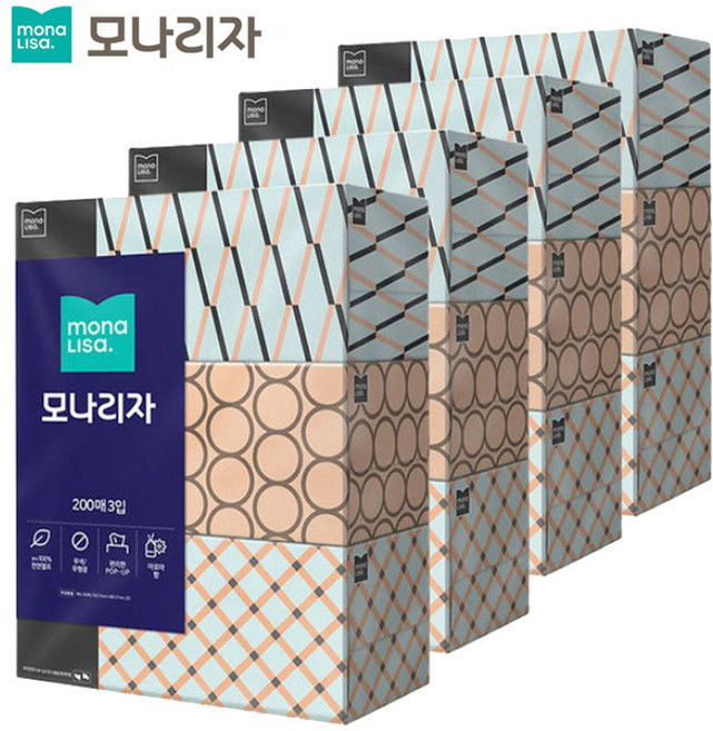 모나리자 벨라지오 미용 각티슈 200매 3입 x4개, 3개입, 4개