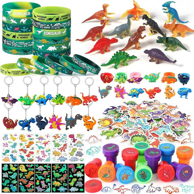 Winrayk 공룡 파티 선물 공룡 생일 용품 어린이 선물 가방 스터퍼 남아용 선물 공룡 장난감 피규어 야광 타투 스티커 실리콘 손목 밴드 스탬퍼 키체인 링 공룡 파티 선물