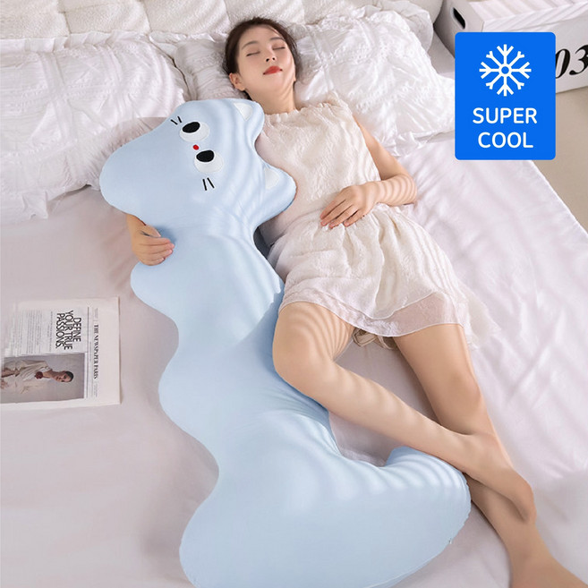 냉감 냥이 바디필로우 쿨링 배게 인형 쿠션 여름 사계절, 블루