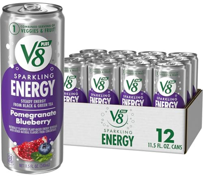 V8 +Energy Sparkling Pomegranate Blueberry Juice Energy Drink 11.5 fl oz Can (12 Pack), 340ml
