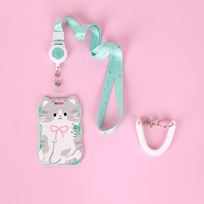 리본 고양이 학생증 출입증 시간표 케이스 사원증 포카홀더 릴홀더 스트랩 + 스프링 스트랩 4종