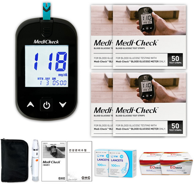 루하컴퍼니 오상헬스케어 메디첵 혈당측정기 + 시험지 200p + 채혈침 210p + 알콜솜 200p, 1세트