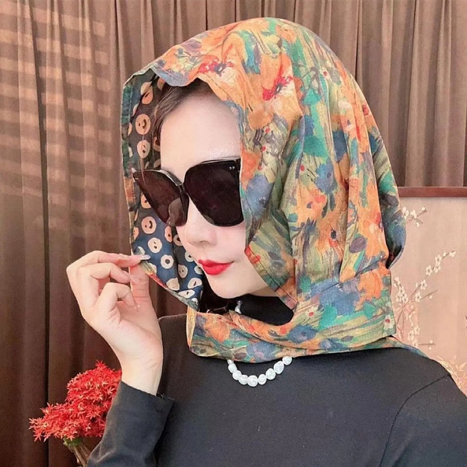 女士連帽圍巾防曬披肩春夏薄款包頭絲巾百搭飄帶頭巾帽多功能旅遊適用 #田園油畫 #均碼